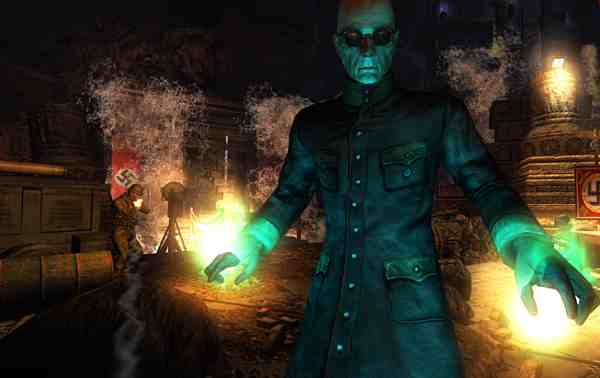 Wolfenstein game screenshot with supernatural character glowing hands.