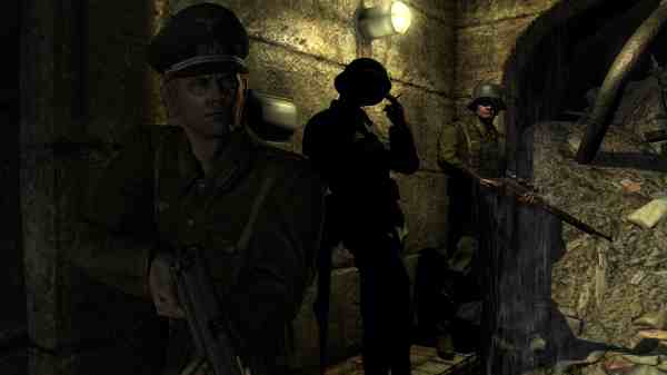 Screenshot from Wolfenstein showing soldiers in a dimly-lit bunker.
