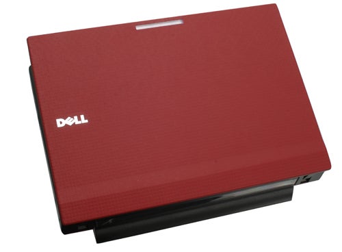 Dell Latitude 2100 Netbook with red lid and logo.