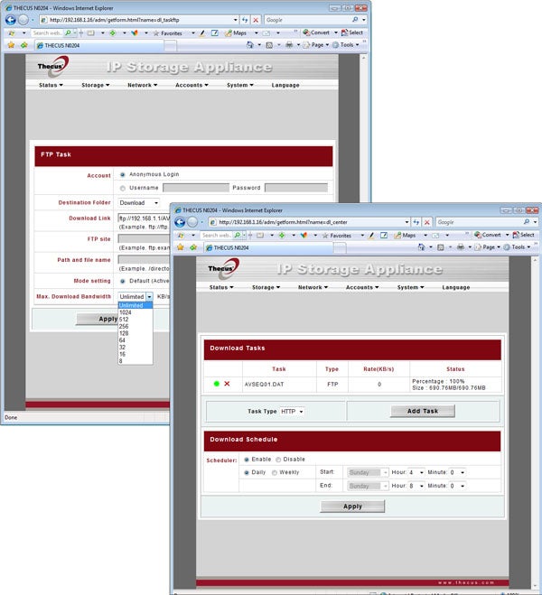 Screenshot of Thecus N0204 miniNAS FTP task interface.