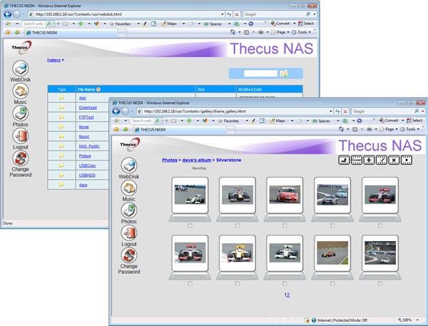 Screenshot of Thecus N0204 miniNAS user interface with photo album open.