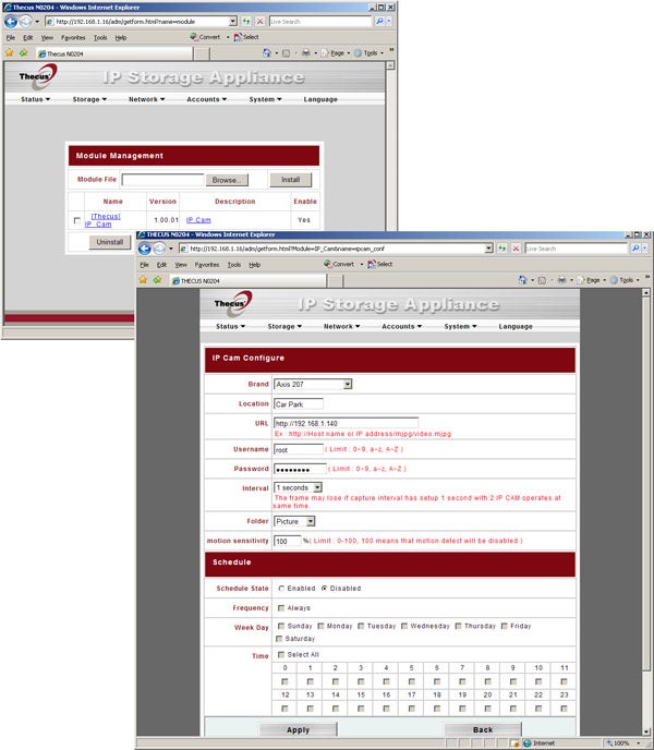 Screenshot of Thecus N0204 miniNAS web-based configuration interface.