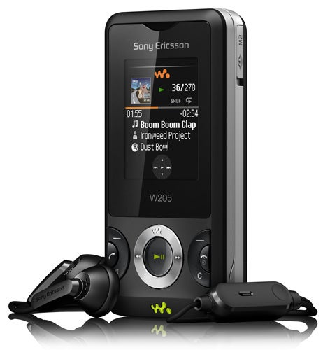 Sony Ericsson W205 phone with headphones and display screen.