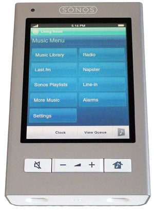 Sonos BU250 controller displaying the music menu screen.