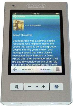Sonos controller displaying Soundgarden artist information on screen.
