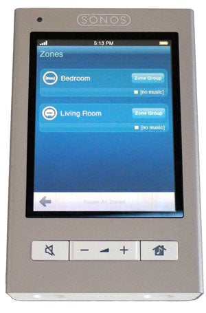Sonos BU250 controller displaying zone selection screen.