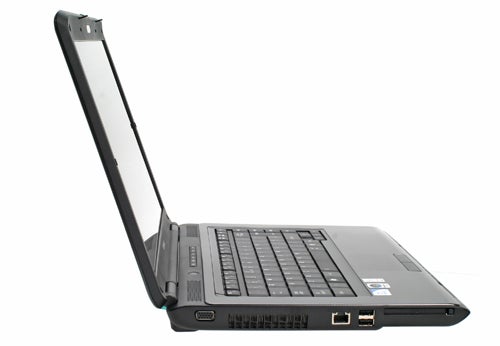 Toshiba Satellite L300-29T laptop with open lid side view.