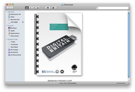 Mac OS X 10.6 Snow Leopard downloads window with file.