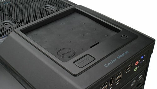 Close-up of PC Specialist Vortex i950 gaming PC's top front interface.