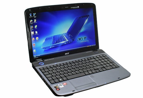Acer Aspire 5536-744G50Mn laptop with open lid displaying screen.