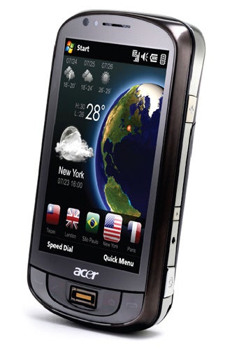 Acer Tempo M900 smartphone displaying weather and shortcuts.