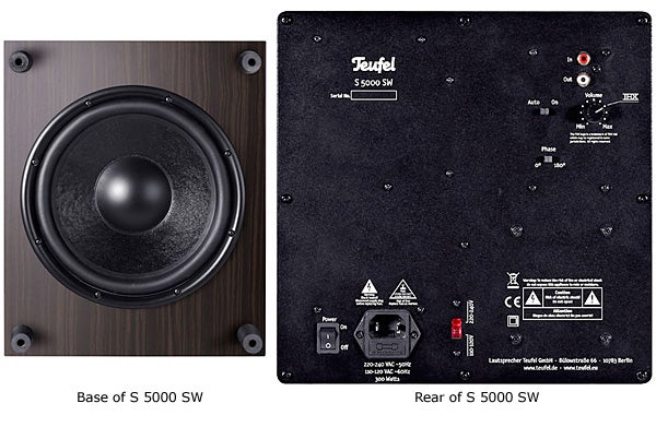 Front and back views of a Teufel System 5 subwoofer.