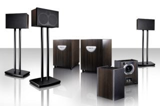 Teufel System 5 THX Select 2 speakers on reflective surface.