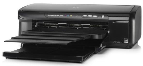 HP OfficeJet 7000 Wide Format printer with open tray.