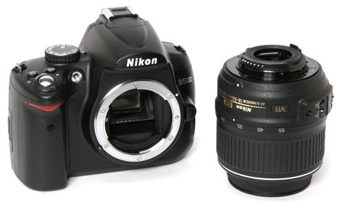 Nikon D5000 DSLR camera with detachable lens.