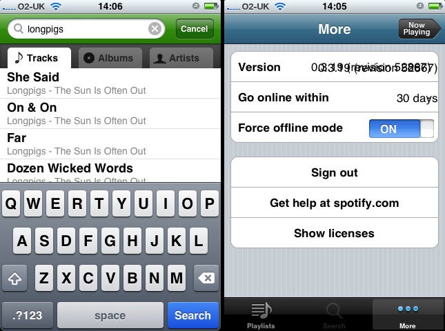 Screenshots of Spotify app search function and settings menu on iPhone.