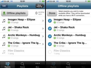 Screenshots of Spotify's playlist and offline modes on iPhone.