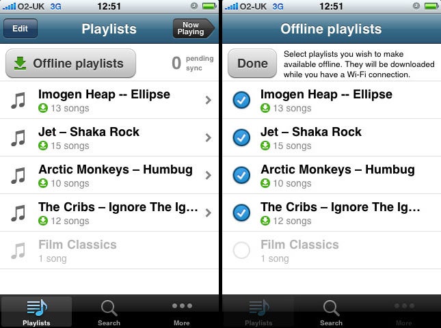 Screenshots of Spotify's playlist and offline modes on iPhone.