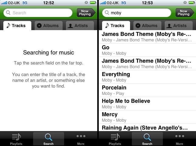 Screenshots of Spotify app for iPhone showing search feature and results.