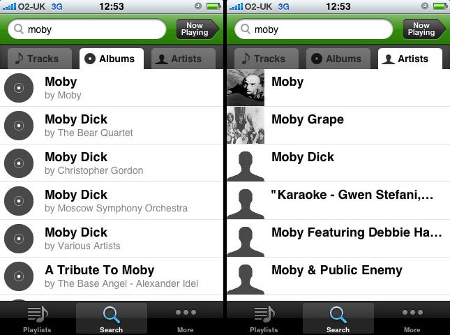 Screenshot of Spotify app interface on iPhone with search results for Moby.