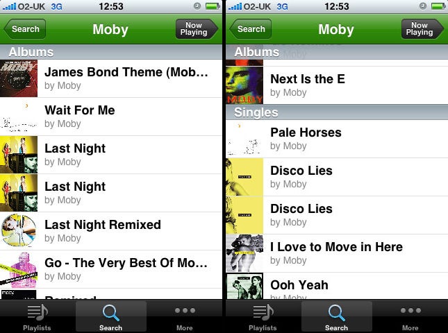 Spotify app album list interface on iPhone display.