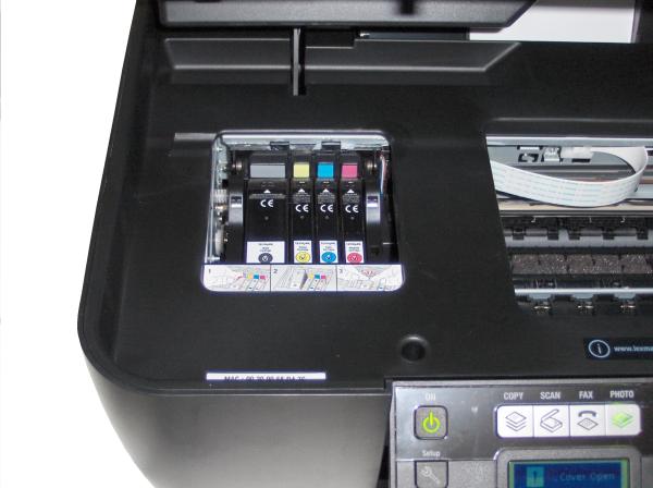 Lexmark Interpret S405 printer showing open ink cartridge compartment.