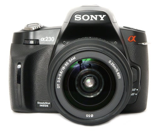 Sony Alpha A230 DSLR camera front view with lens.