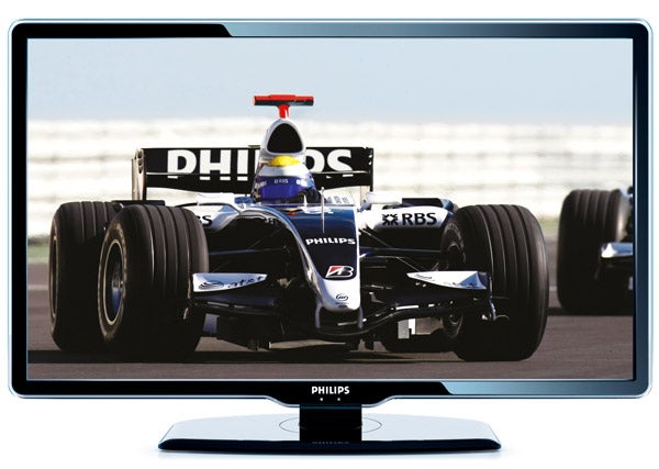Philips 42PFL7404 LCD TV displaying a racing car.
