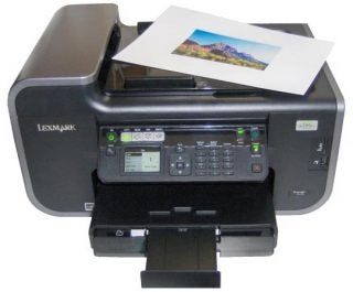 Lexmark Prevail Pro705 printer with a printed photo.