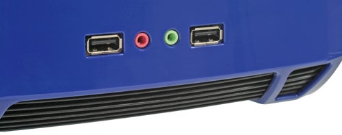 Close-up of small form factor PC's USB and audio ports.
