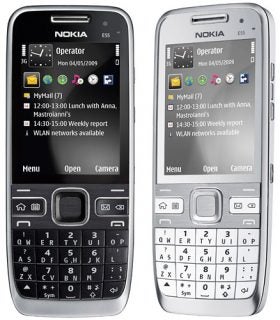 Black and white Nokia E55 smartphones side by side.