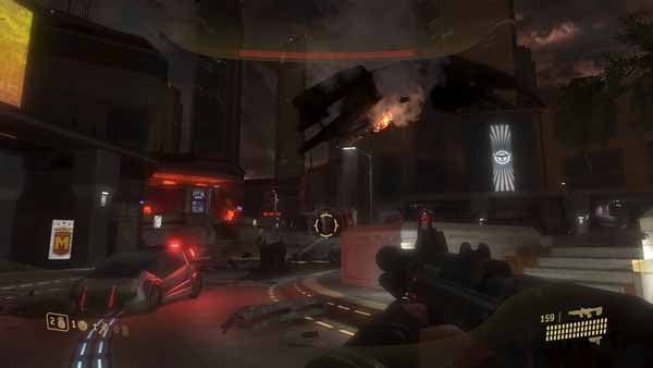 Halo 3: ODST gameplay scene with nighttime urban combat.