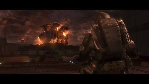 Halo 3: ODST character looking at explosion in game scene.