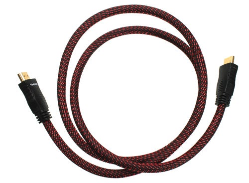 HDMI cable with red and black braided cover.
