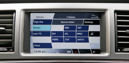 Jaguar XF's infotainment screen displaying phone menu options.