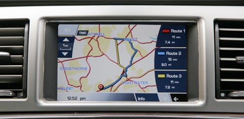 Jaguar XF navigation system displaying map and routes.