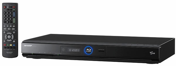 Sharp BD-HP22H Blu-ray player with remote control.