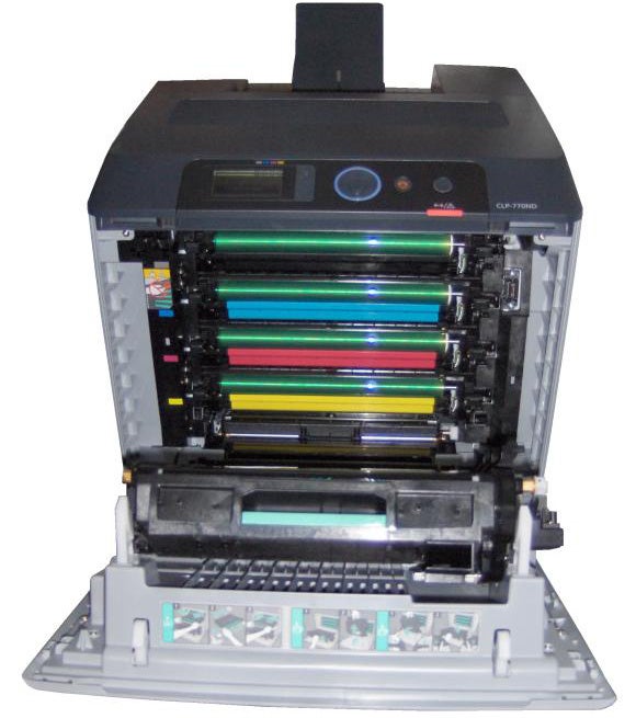Samsung CLP-770ND color laser printer opened to show internal parts.