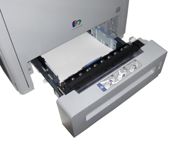 Samsung CLP-770ND printer with open tray and paper.