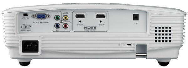 Rear view of Optoma HD20 DLP projector displaying ports.