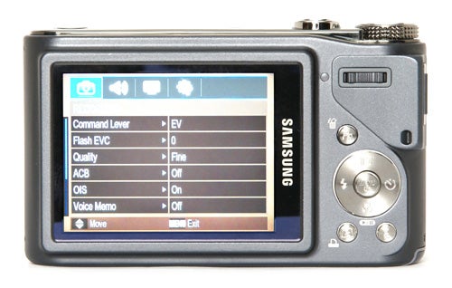 Samsung WB500 camera displaying menu options on the screen.