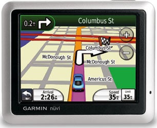 Garmin nuvi 1240 GPS showing map and driving data.