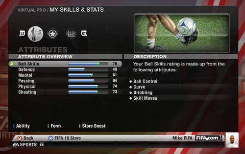 FIFA 10 Virtual Pro menu showing player's skills and stats.