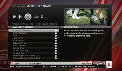 FIFA 10 Virtual Pro traits and celebrations menu screen.