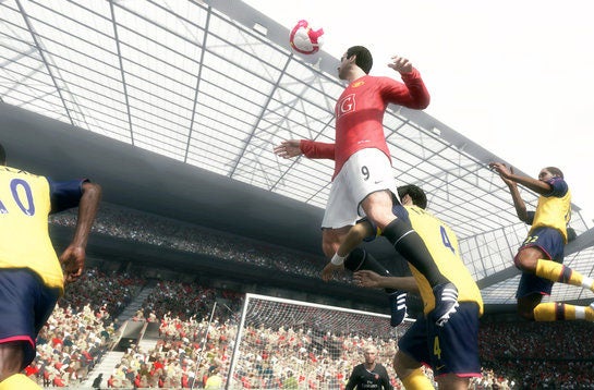 FIFA 10 gameplay screenshot showing a player heading the ball.