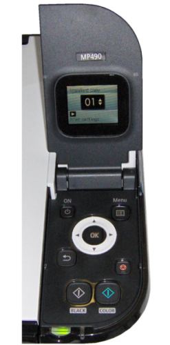Canon PIXMA MP490 printer control panel and display screen.