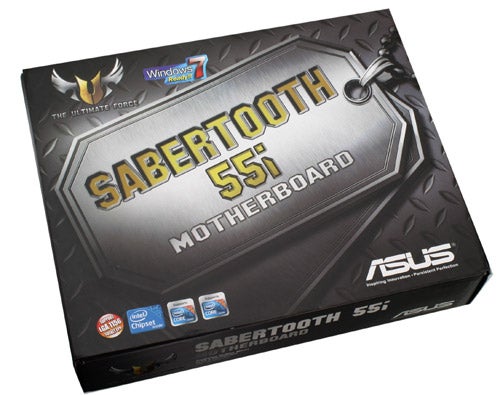Asus Sabertooth 55i TUF Motherboard product packaging.