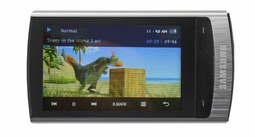 Samsung YP-R1 8GB media player displaying a video.