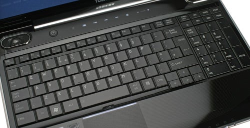 Close-up of Toshiba Satellite A500-11U laptop keyboard and touchpad.
