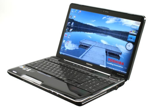 Toshiba Satellite A500-11U laptop with screen displaying desktop wallpaper.